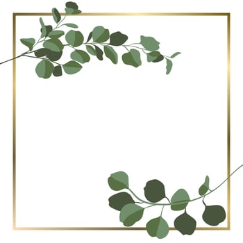 Vector square background with eucalyptus branches and golden frame