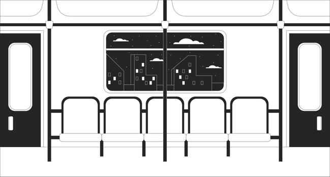 Train interior black and white lo fi chill wallpaper. Metro seats. Subway inside. Rapid transit 2D vector cartoon interior illustration, minimalism background. 80s retro album art, line art