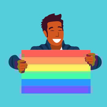 Happy man holding gay pride rainbow flag for Pride Month concept. vector