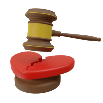 3d render illustration of broken or cracked red heart icon and judge's gavel. divorce judgment concept png