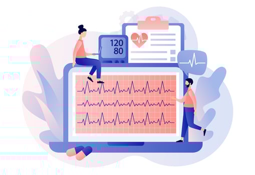 Cardiology treatment and checkup. Cardiogram online on laptop. Heart health and disease. Blood pressure, pulse rate and cholesterol. Medical concept. Modern flat cartoon style. Vector illustrationn