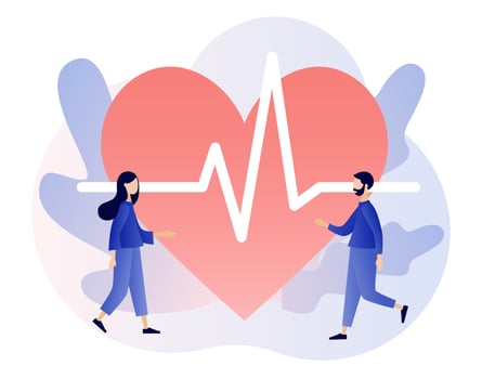 Cardiology treatment and checkup. Heart health and disease. Big heart with pulse rate. Medical concept. Modern flat cartoon style. Vector illustration on white background