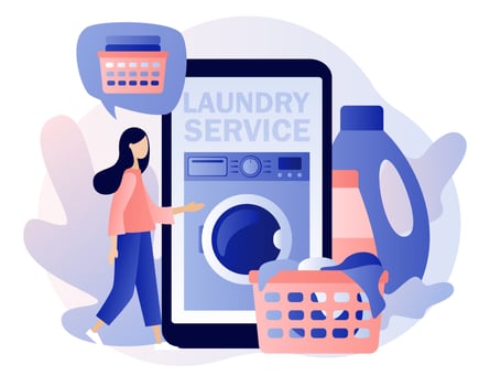 Laundry service online in smartphone app. Laundromat, home appliance, housekeeping concept. Washing machines. Modern flat cartoon style. Vector illustration on white background