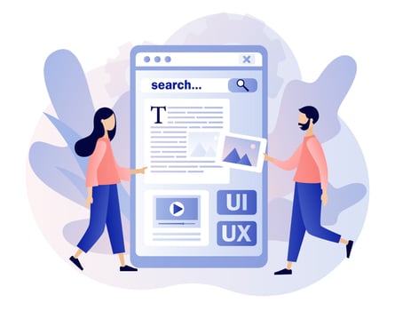 Web UI-UX design. Mobile app development, coding, application design, web building concept. Modern flat cartoon style. Vector illustration on white background
