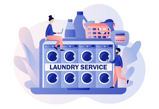 Laundry service online on laptop screen. Laundromat, home appliance, housekeeping concept. Washing machines. Modern flat cartoon style. Vector illustration on white background