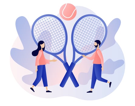 Tiny people with tennis rackets and ball. Sport club, group activity, training. Championship and tournament. Modern flat cartoon style. Vector illustration on white background