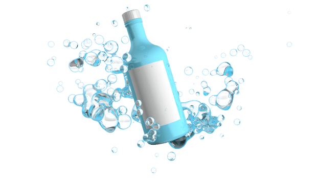 Light blue glass bottle with cap and white label splashing bubbles. 3D Illustration png