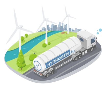 Green hydrogen H2 future energy transportation to city concept semi trailer gas tank on the road isometric cartoon vector isolated