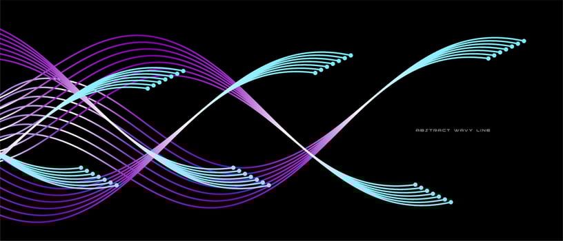 Dynamic flowing wavy abstract light line vector in blue green color isolated on black background for tech concepts AI, digital, communication, 5G, science, music
