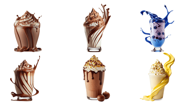 Various Flavor Shake Glasses With Splash Waves On White Background. 3D Rendering. png