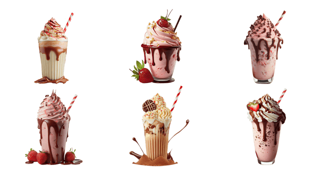 Various Flavor of Delicious Shake Glasses With Straw Elements. 3D Rendering. png