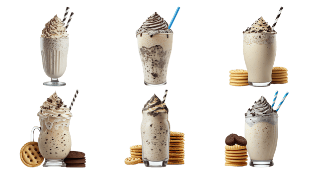 Collection of Realistic Delicious Milkshake Glasses With Cookies Elements. 3D Render. png