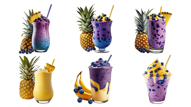 3D Render of Various Flavor Shake Glasses With Fruits Elements On White Background. png