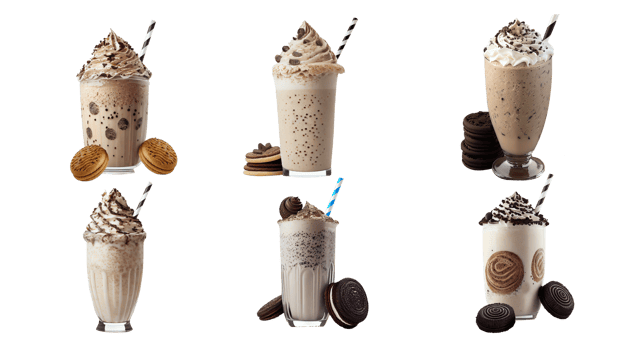Realistic Six Glasses of Delicious Milkshake With Chocolate Biscuits. 3D Render. png