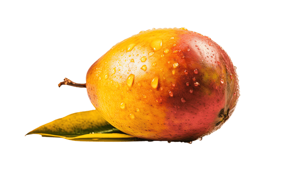 Realistic Ripe Pear with Green Leaf and Water Droplets on Background, . png
