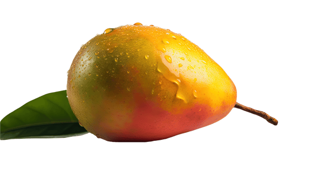 Realistic Ripe Pear with Green Leaf and Water Droplets on Background, . png