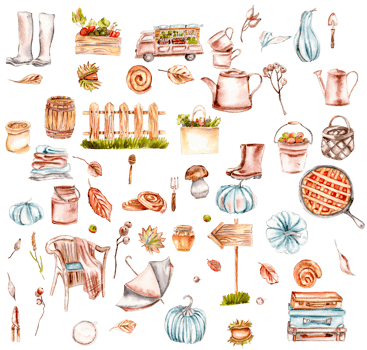 Watercolor set of fall flowers, leaves,pumpkins, boots and berries. Hand drawn autumn leaves and elements. Hand drawn illustration of autumn. Perfect for scrapbooking, wedding invitation, posters. png