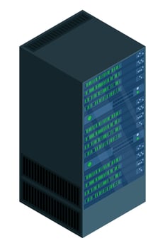 Isometric server. Network server room. Server in cabinets. Storage database. Isometric technology. Vector illustration