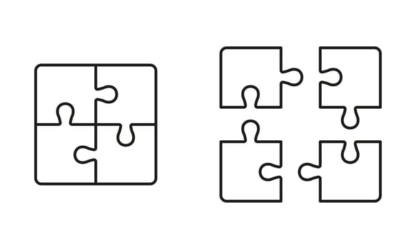 Puzzle Pieces Assemble and Disassemble, Game Combination Line Icon Set. Teamwork, Strategy, Integration Outline Sign. Unfinished Jigsaw Linear Pictogram. Editable Stroke. Isolated Vector Illustration.