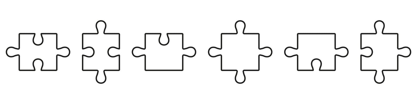 Business Strategy, Teamwork, Brainstorming Outline Sign. Complete Logic Solution Linear Pictogram. Jigsaw Game Matching. Puzzle Pieces Fit Line Icon Set. Editable Stroke. Isolated Vector Illustration.