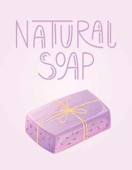 Bar of pink organic soap tied with string and lettering Natural soap. Vector cartoon banner for packaging or postcard.