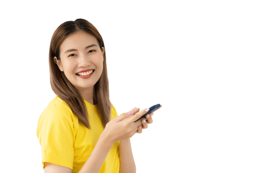 Happy woman, Portrait of smiling Asia girl using mobile phone, freelance, out site, research, copy space, happy cheerful cute business, positive energy, female executive, attractive, expression, png