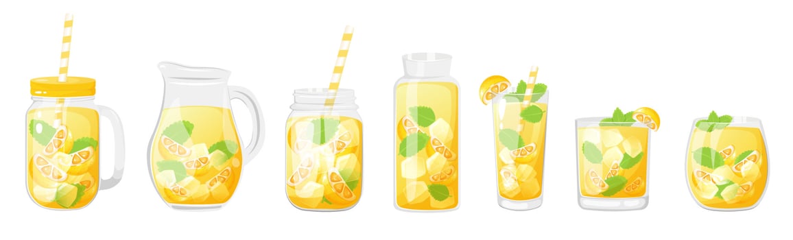 Lemonade in different glass container. Summer soft drinks with lemon and mint. vector