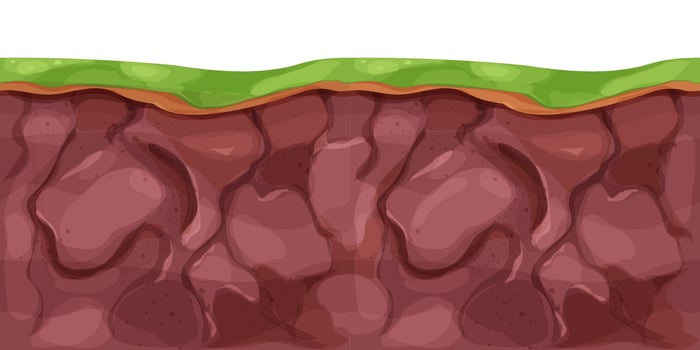 Ground land underground cross section textured with stones in cartoon style. Game level, scenery. Farming ar garden. Vector illustration