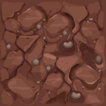 Ground texture, soil top view in cartoon style with stones and texture seamless. Game interface background, brown earth. . Vector illustration