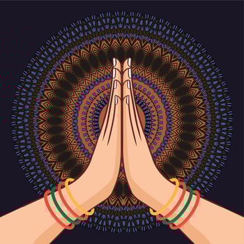 Illustration of karma depicted with Namaste, Indian women's hand greeting posture of namaste with lotus flower vector illustration