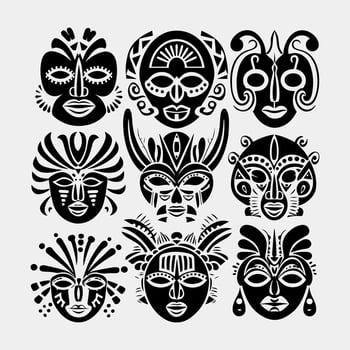 Set of african tribal masks. Collection of different indian, aztec mask on white background vector