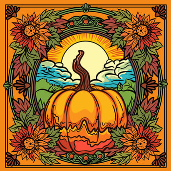 Pumpkin with landscape and sun on the sky coloring page vector