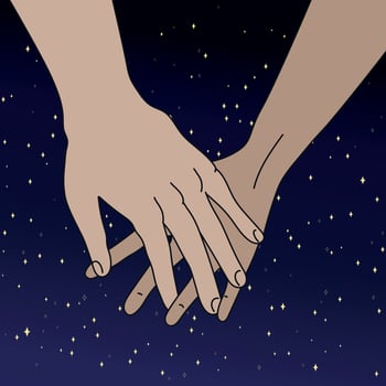 Hand drawn art of hand in hand on night sky background vector