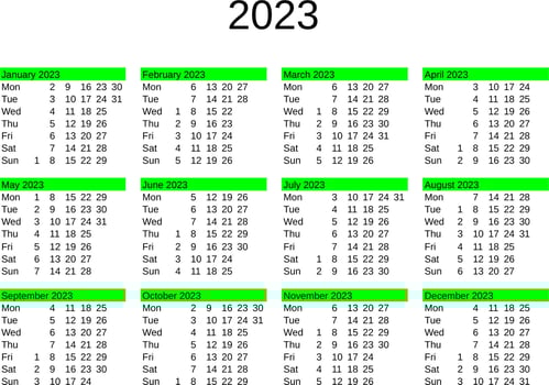 year 2023 calendar in English vector