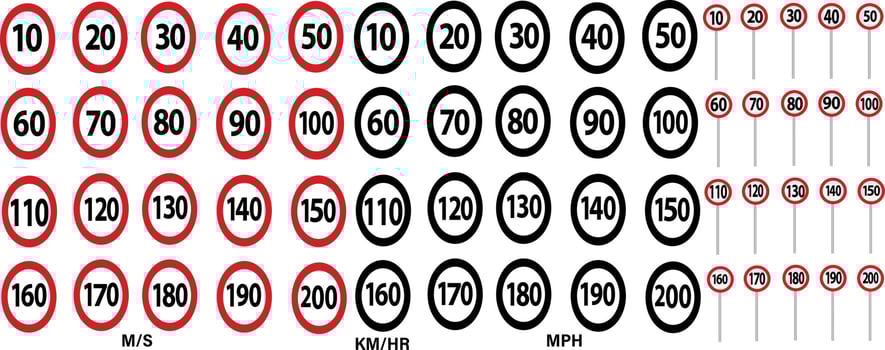 set of speed limit traffic signs from 10 to 200 with different units and two colors for all over world use associated with sign holders vector