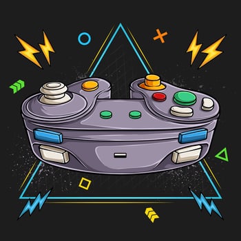 Hand drawn analog joystick game console, colorful video game controller and game pad vector