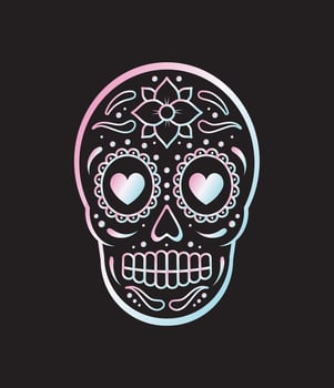 Vector holographic Mexican sugar skull and flowers