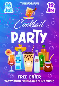 Cocktail party flyer, cartoon drinks characters vector