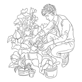 Gardening coloring page in doodle technique. Person with plants. vector