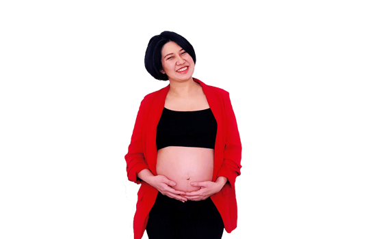 Asian pregnant woman wearing red suit, standing, smiling and touching or holding her belly isolated on transparent background. Pregnancy 7-8 months, motherhood, love, expect and care. png transparency