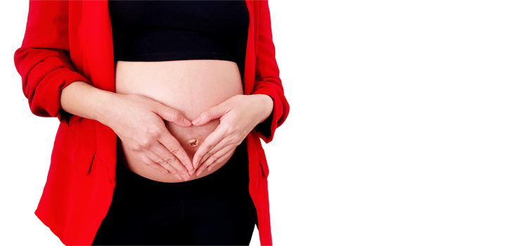 Close Up pregnant woman in red suit forming heart-shape with her hands over her stomach isolated on transparent background. Pregnancy 7-9 months, expectation, love, care baby. png transparency.