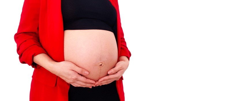 Close Up pregnant woman in red suit holds hands on swollen belly isolated on transparent background. Pregnancy 7-9 months, motherhood, love, new life, expectation, care baby. png transparency.
