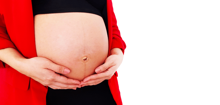 Close Up pregnant woman in red suit holds hands on swollen belly isolated on transparent background. Pregnancy 7-9 months, motherhood, love, new life, expectation, care baby. png transparency.