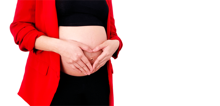 Close Up pregnant woman in red suit forming heart-shape with her hands over her stomach isolated on transparent background. Pregnancy 7-9 months, expectation, love, care baby. png transparency.