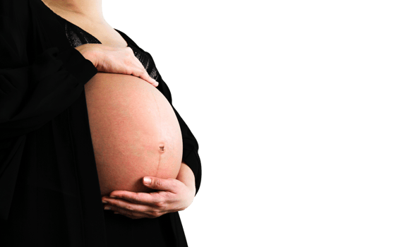 Pregnant woman in black dress and holds hands on swollen belly isolated on transparent background. Pregnancy 7-9 months, motherhood, love, expectation, new life and care baby. png transparency