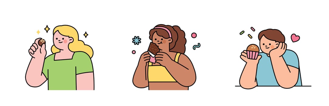 World Chocolate Day. Sweet chocolate and people. People of different races hold chocolate desserts in their hands. vector