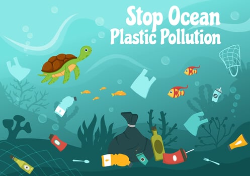 Stop Ocean Plastic Pollution Vector Illustration with Trash Under the Sea like a Waste Bag, Garbage and Bottle in Flat Cartoon Hand Drawn Templates