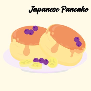 Jiggly Japanese pancake with honey drizzle, bananas, and berries for breakfast or menu illustration vector