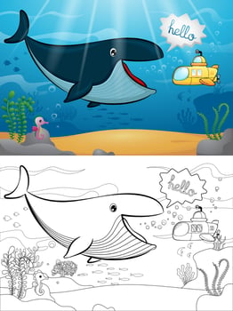 Cartoon of big sperm whale with little submarine underwater. Coloring book or page vector