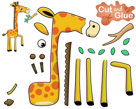 Vector illustration of giraffe cartoon with tree branches. Cutout and gluing